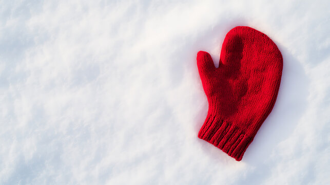 A vibrant red mitten rests peacefully on a bed of freshly fallen snow, embodying winter's serene beauty and the joy of outdoor activities. Contrast and coziness unite!