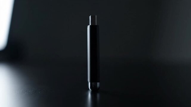 A minimalist black USB data storage device stands upright on a dark reflective surface