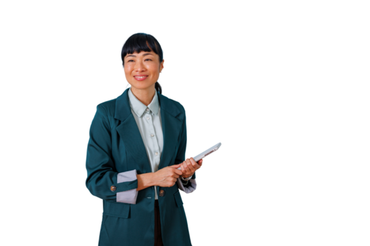 Asian business casual woman holding tablet confidently smiling, professional corporate executive on transparent background