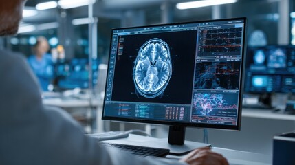 Doctor analyzing brain scan on computer screen