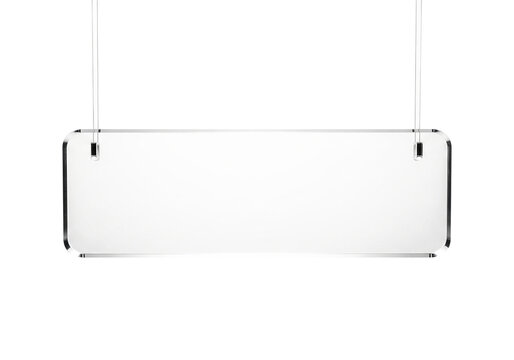 A sleek, transparent acrylic hanging display panel, offering a pristine and adaptable surface for modern signage, information, or elegant promotional messages