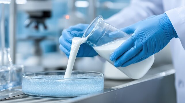 Laboratory professional pours white liquid substance from flask into petri dish for examination