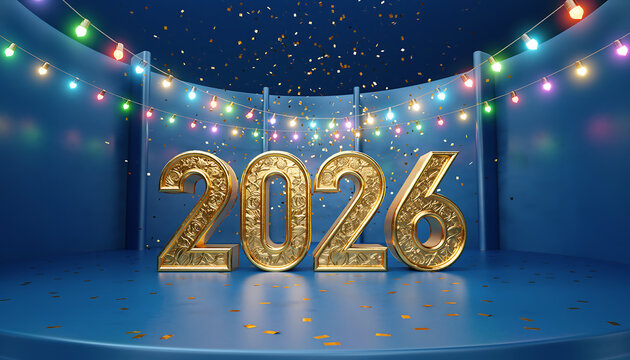 Golden 2026 numbers sparkle with festive lights and confetti celebration