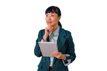 Asian businesswoman holding tablet and thinking a strategy, analyzing new solutions on transparent background