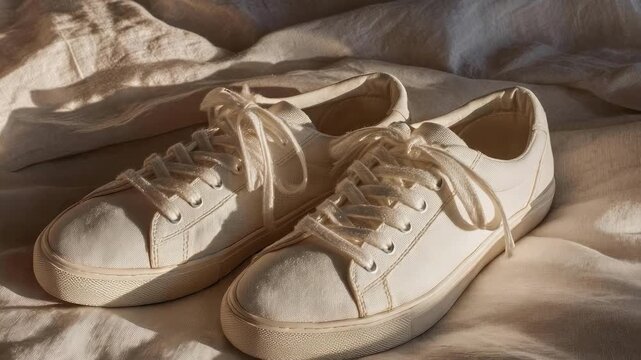 A pair of white canvas sneakers resting on a wrinkled bedsheet in warm light.