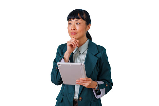 Asian businesswoman holding tablet and thinking a strategy, analyzing new solutions on transparent background