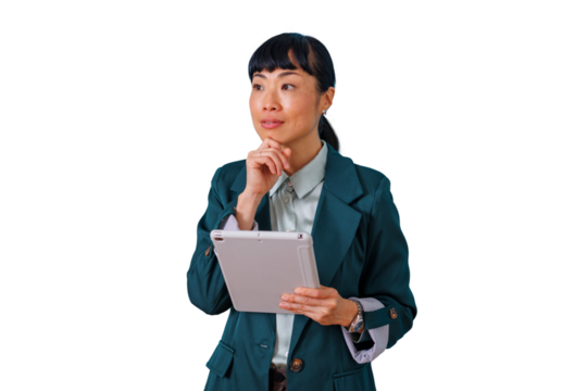 Asian businesswoman holding tablet and thinking a strategy, analyzing new solutions on transparent background - Powered by Adobe
