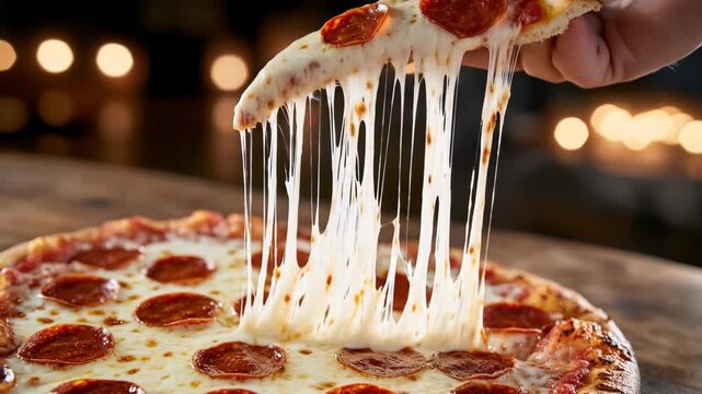 Hand lifting pepperoni pizza slice with melted cheese pull