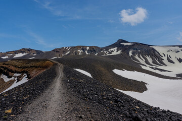 Mt. Tokachi, One of Japan’s 100 Famous Mountains, Seen from the Trail with Remaining Snow, Hokkaido, Japan