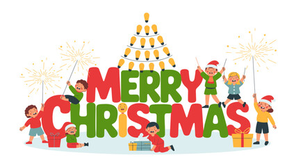Holiday Cheer: Merry Christmas, a festive graphic with cheerful children, festive lights and gift boxes, sharing joyful moment for the holiday. 