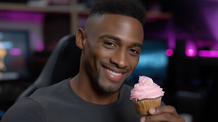 Smiling man enjoys pink frosted cupcake in gaming setup