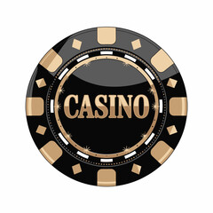 Close up of a single black and gold casino poker chip with the word casino in the center