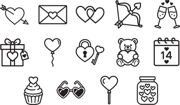 A collection of Valentine's Day icons, illustrating the symbols of love, romance and affection. A minimalist aesthetic evokes sentimentality and festive holiday.