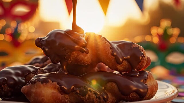 Delicious chocolate-covered donuts are stacked on a plate as sunlight glistens off them. The vibrant setting features glowing decorations that enhance the festive atmosphere.