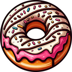 Cartoon Donut Vector Illustration – White Icing Pink Glaze Doughnut with Colorful Sprinkles