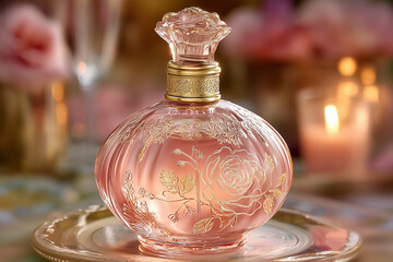 Pink rose-engraved perfume with candlelight. Romantic luxury fragrance in warm evening setting.