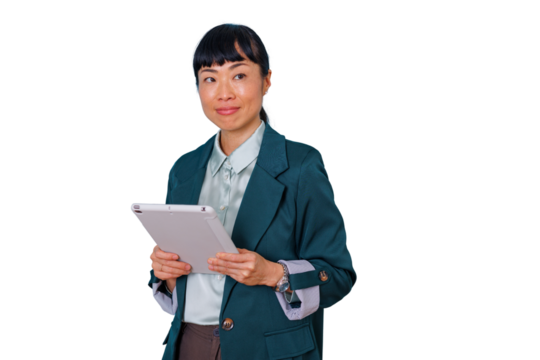 Asian businesswoman holding digital tablet, smiling, professional woman using modern technology, feeling confident, transparent background - Powered by Adobe
