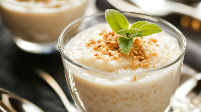 Close-up of a creamy tapioca pudding in a glass, garnished with chopped nuts and a fresh green sprig. Another serving of the pudding is in the background, tempting the viewer.