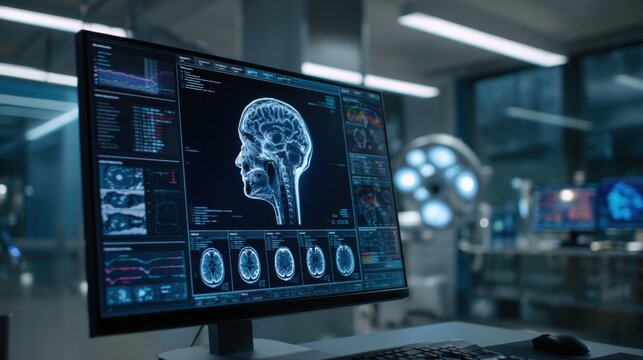 Medical brain scan display with futuristic interface