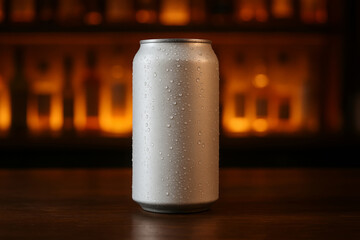 Chilled Aluminum Beverage Can With Condensation In Warm Lighting