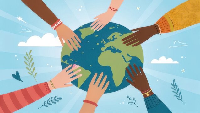 Diverse hands gently embracing the vibrant Earth, symbolizing global unity, connection, and shared responsibility for our planet's future, inspiring hope and collaboration.