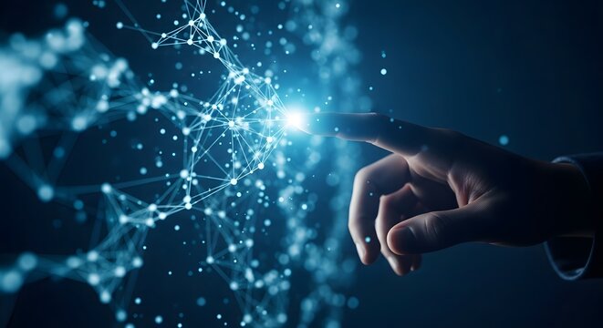 Human finger touching glowing digital network connection - Powered by Adobe