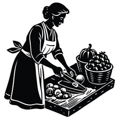 Cooking Woman Silhouette Preparing Fresh Vegetables for a Healthy Meal on White Background