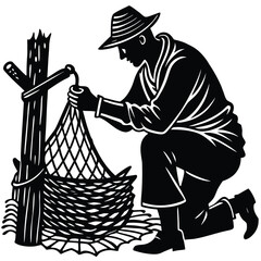 Fisherman Silhouette Preparing Net Illustration for Fishing Industry Resources on White Background