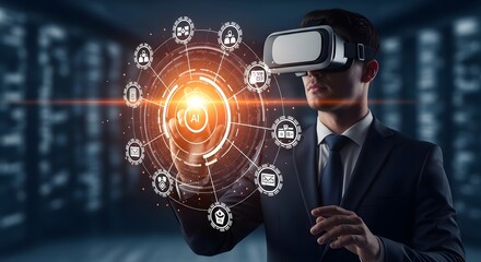 Man in virtual reality headset interacting with digital interface