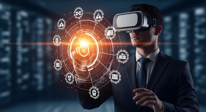 Man in virtual reality headset interacting with digital interface