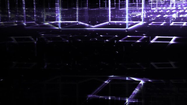 Leuchtende gitterf&ouml;rmige Geometrie f&uuml;r Technologie, Energie, Produktion & Datentransfer &ndash; moderne Architektur, Planung & Sicherheit visualisiert, violett, lila
