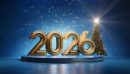 Golden 2026 numerals celebrate new year with festive tree and confetti