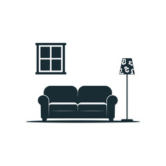 Simple illustration of a living room with a sofa and lamp