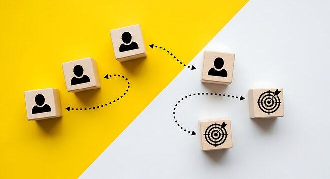 Wooden blocks depict team collaboration towards achieving common goals