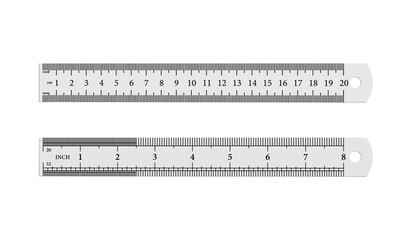 Metal ruler 20 cm with millimeter and centimeter, 8 inch length, scale on white background