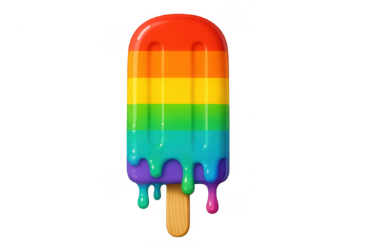 Rainbow popsicle melting with dripping colorful ice cream