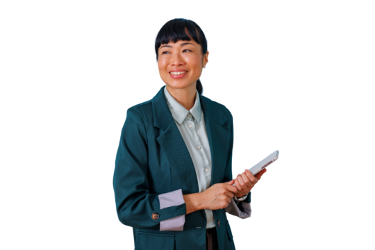 Asian businesswoman smiling, holding a digital tablet, and confidently looking away. Isolated image with a transparent background