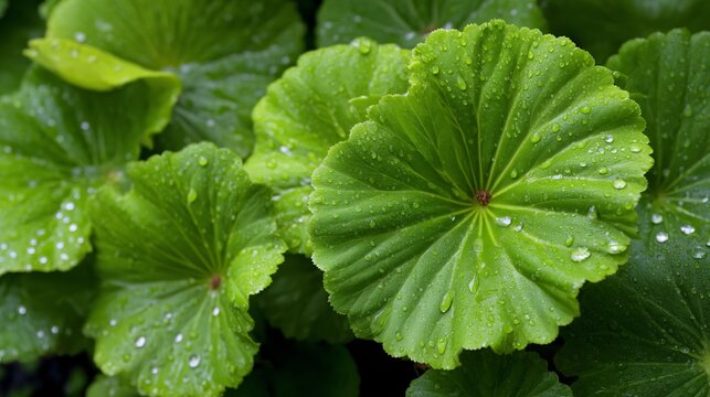close-up illustration of large, waxy leaves characteristic of lush tropical nature, beaded with perfectly round raindrops. The surface reflects the vibrant green, emphasizing freshness and vigorous 