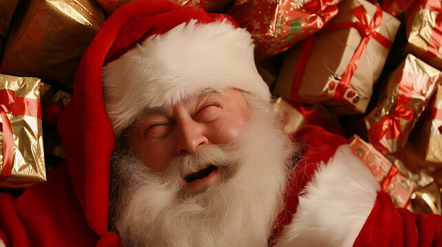 Santa taking a break! Lying amidst gifts after a long night of delivery. Sleepy Santa with a white beard, red suit, and a pile of colorful wrapped gifts. Happy Holidays!