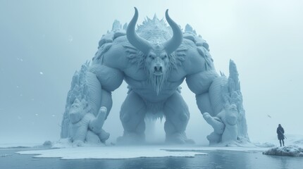 Giant Ice Monster Roaring in a Snowy Landscape.