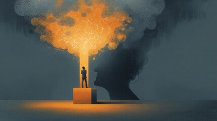 Silhouette of person in light beam from glowing mind