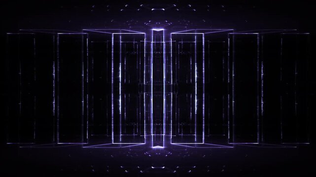 Leuchtende gitterf&ouml;rmige Geometrie f&uuml;r Technologie, Energie, Produktion & Datentransfer &ndash; moderne Architektur, Planung & Sicherheit visualisiert, violett, lila
