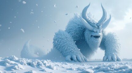 A giant horned yeti monster crawling through a fierce arctic snowstorm.