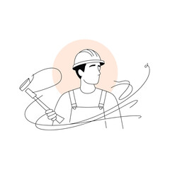 Line art illustration of a construction worker holding a hammer and tools