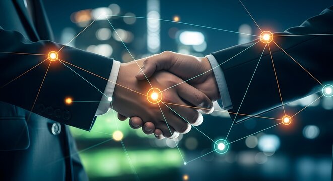 Business handshake with glowing network connections at night