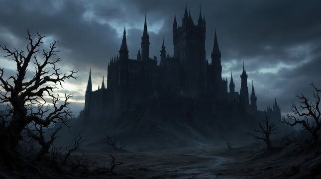 Dark and ominous castle silhouette against a stormy sky, evoking a sense of mystery and gothic fantasy.