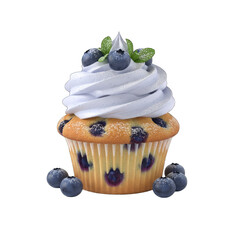 Golden Baked Blueberry Muffin Topped with Swirled White Frosting Fresh Blueberries and Powdered Sugar Isolated on Black Background