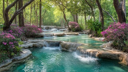 Naklejka premium tropical waterfall cascading into crystal-clear turquoise pool surrounded by thick jungle and flowering plants. tropical waterfall, turquoise pool, jungle landscape, rainforest, cascading water, 