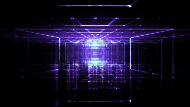 Leuchtende gitterf&ouml;rmige Geometrie f&uuml;r Technologie, Energie, Produktion & Datentransfer &ndash; moderne Architektur, Planung & Sicherheit visualisiert, violett, lila
