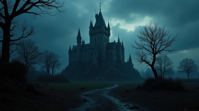 Eerie Castle Silhouette Under a Moody Sky.